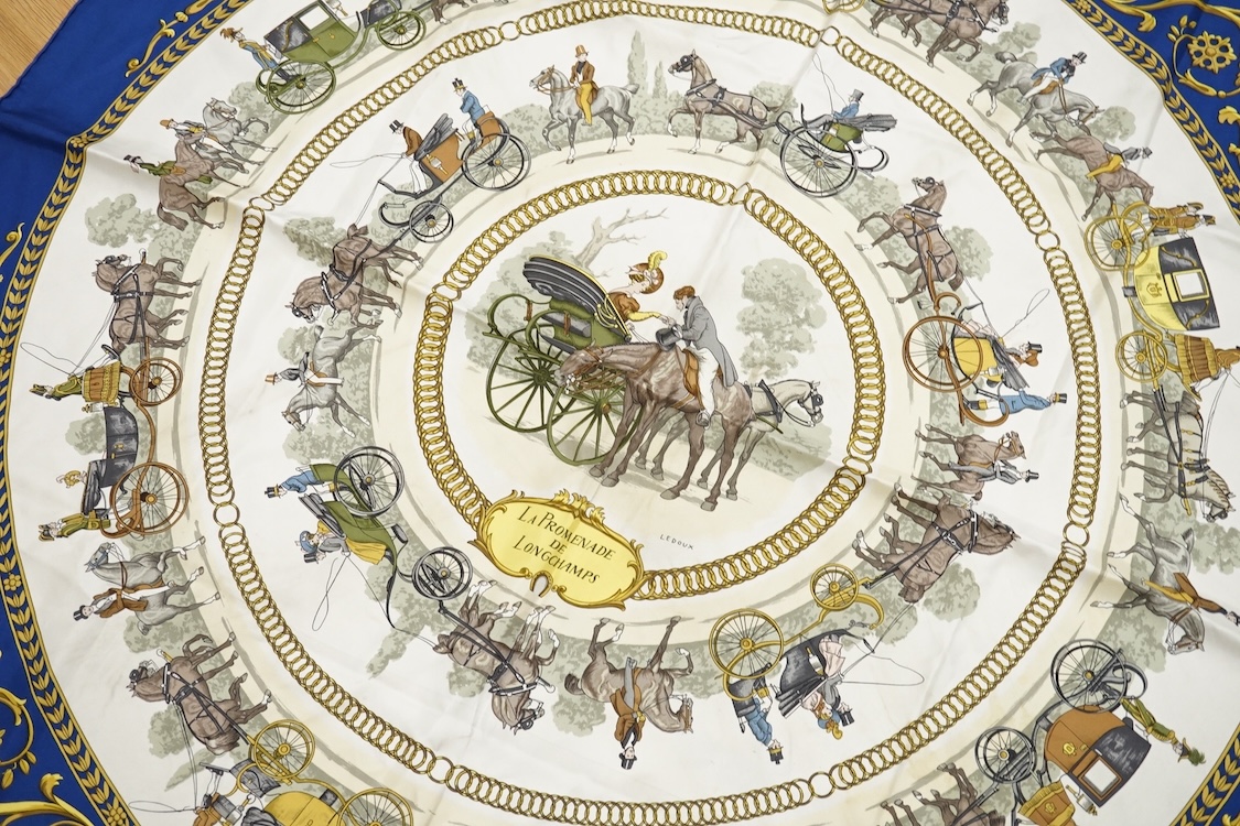 A Hermes carre 90 La Promenade de Longchamps silk scarf